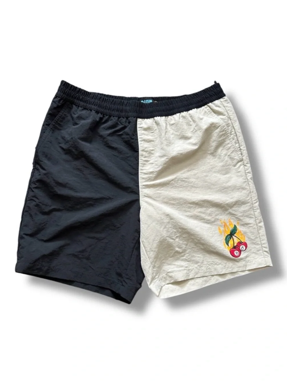 A.LAB Taffy Cherry Dice Black & Beige Two-Tone Board Shorts Men's Size Large 90s